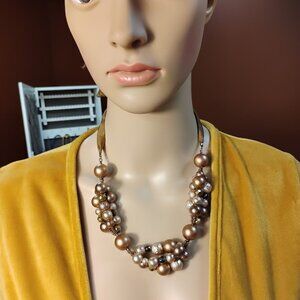 Champagne Gold Beaded Statement Necklace Ribbon Tie Back Rhinestone Cluster